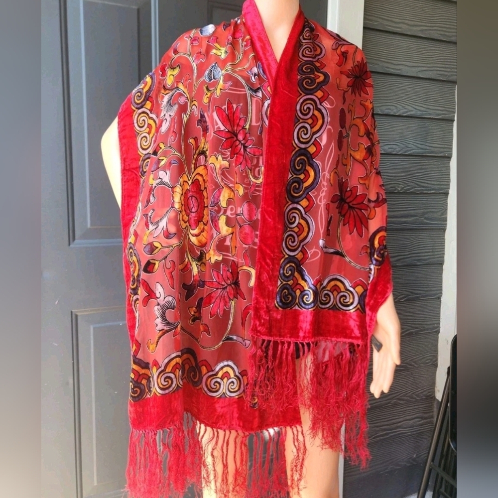 J&X NY Red Floral Silk Viscose Velvet Burnout Fringed Scarf Shawl Wrap 76x20 - Picture 6 of 16